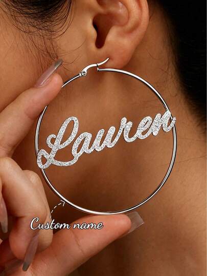 Anting Lingkaran Bulat 70mm, Anting Nama Kustom, Anting Lingkaran Besar Huruf Kursif Emas Stainless Steel Bohemian Modis yang Dipersonalisasi, Perhiasan Pesta, Hadiah Ulang Tahun, Natal untuknya