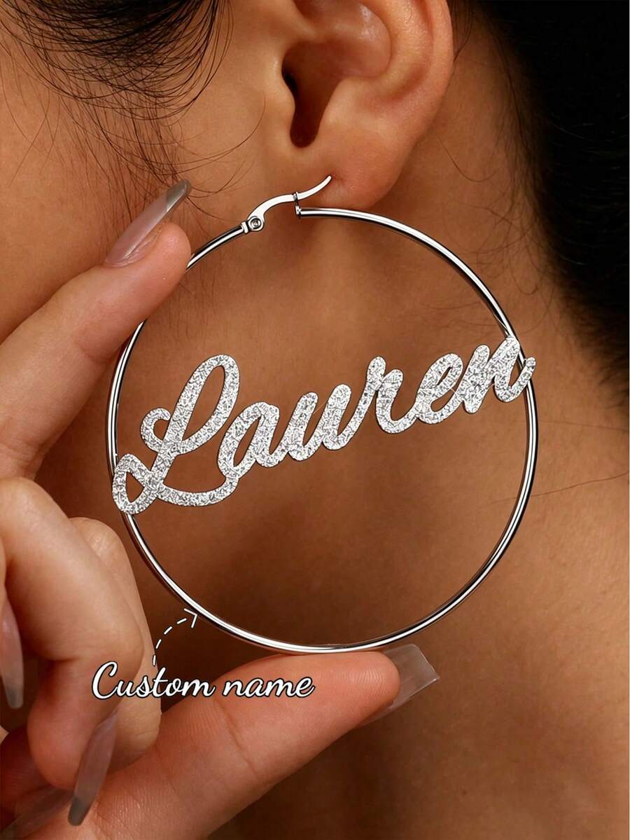 70mm Round Hoop Earrings Customized Name Earrings, Fashionable Personalized Bohemian Stainless Steel Gold Cursive Letter Oversized Hoop Earrings, Party Jewelry, Birthday, Christmas Gift For Her - Silver-frosted - View 1