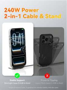 EAGET Kabel jalinan pengisian cepat USB-C ke USB-C 240W, dudukan ponsel lipat terintegrasi, sudut putar 180°, bermain game tanpa halangan, kompatibel dengan ponsel, tablet, laptop, dan konsol game. - Hitam - View 8