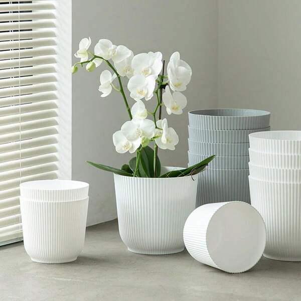 5 Packs Vertical Striped Plastic Plant Pots, No Drainage Holes And No Saucers, Simple Soft Color Tones, Suitable For Decorative Display Of Hydroponic Plants, Succulents And Artificial Flowers On Indoor Desktops And Balconies