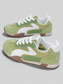 Flipark Retro Patchwork Mesh Suede Sneakers For Women, Breathable Lace Up Low Top Casual Walking Trainers - Green - View 1