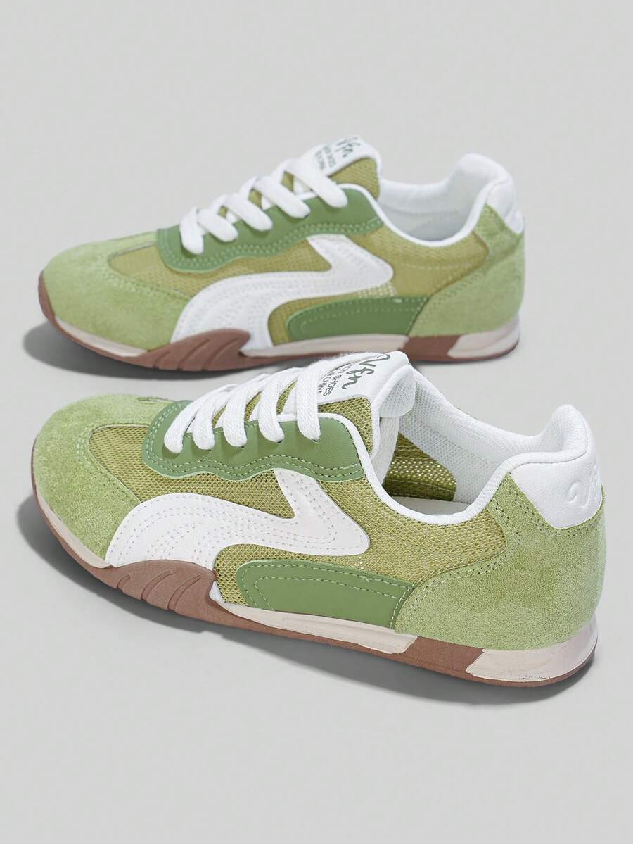 Flipark Retro Patchwork Mesh Suede Sneakers For Women, Breathable Lace Up Low Top Casual Walking Trainers - Green - View 1