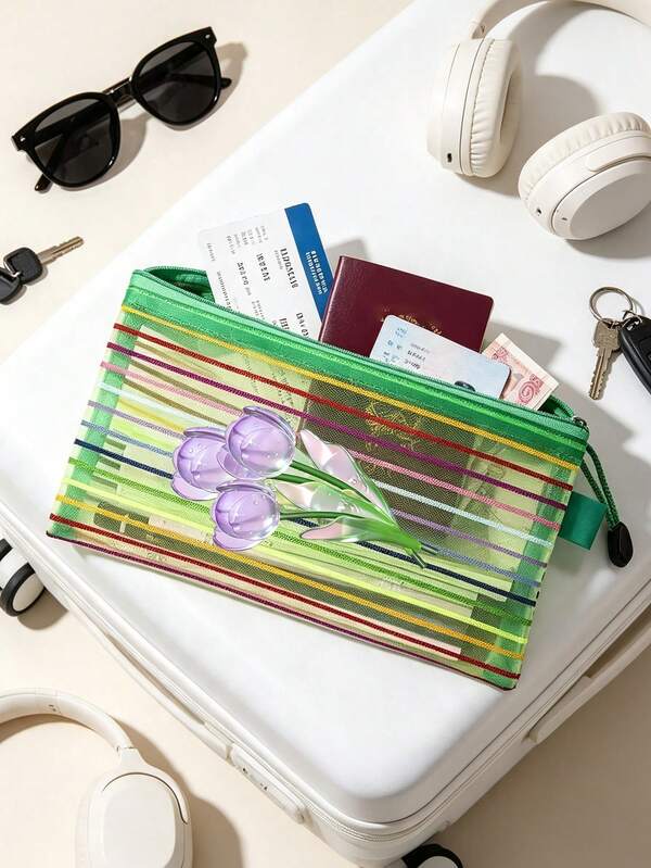 Colorful Striped Zipper Makeup Bag, Portable Stationery Pouch, Multi-Functional Storage Bag, Printed With Tulip Crystal Effect Design Pattern (Flat Print), Breathable Transparent Ticket & Passport Organizer, Travel Storage Supplies, Can Store Tickets, School Stationery And Travel Daily Essentials, Suitable For Teachers, Students Back To School, Office, Gifts And Daily Use, Unique Party Gift, Back To School Gift, Birthday Gift, Travel Gift, Commemorative Gift, Best Teacher's Day Gift
