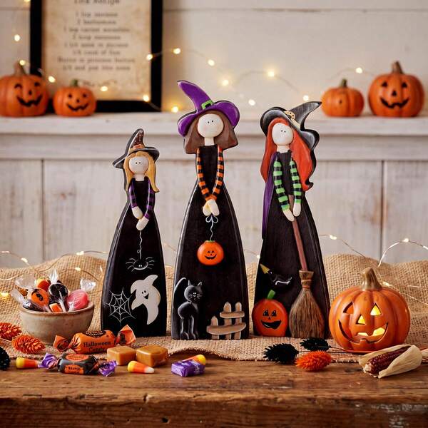 3pcs Halloween Witch Desktop Decor, Black Purple Green Orange, Cute Wooden Centerpiece, Farmhouse Style Witch Figurine With Broom, Pumpkin, Black Cat, Ghost, Suitable For Indoor, Fireplace, Mantel, Home