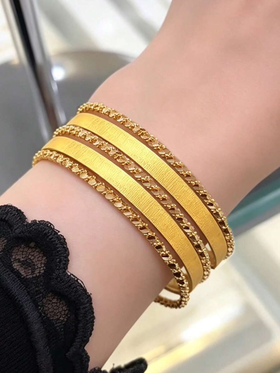 21K Gold Plated Banajer Bangles Set For Women, Rust-Resistant Gold Alternative Striated Matte & Twisted Rope Stackable Bracelets Fine Jewellery - 01 - View 1