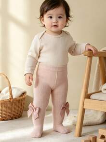 1pc Baby Girls' Bow Decor Basic Leggings, Cute & Comfortable For Outdoor Activities, All Seasons - Dusty Pink - View 6