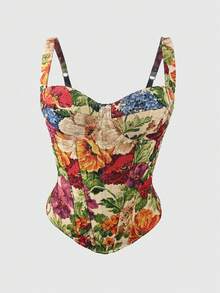 Vintage Floral Print Tapestry Style Corset Top, Romantic Date Night Casual Vacation Essential - Multicolor - View 1