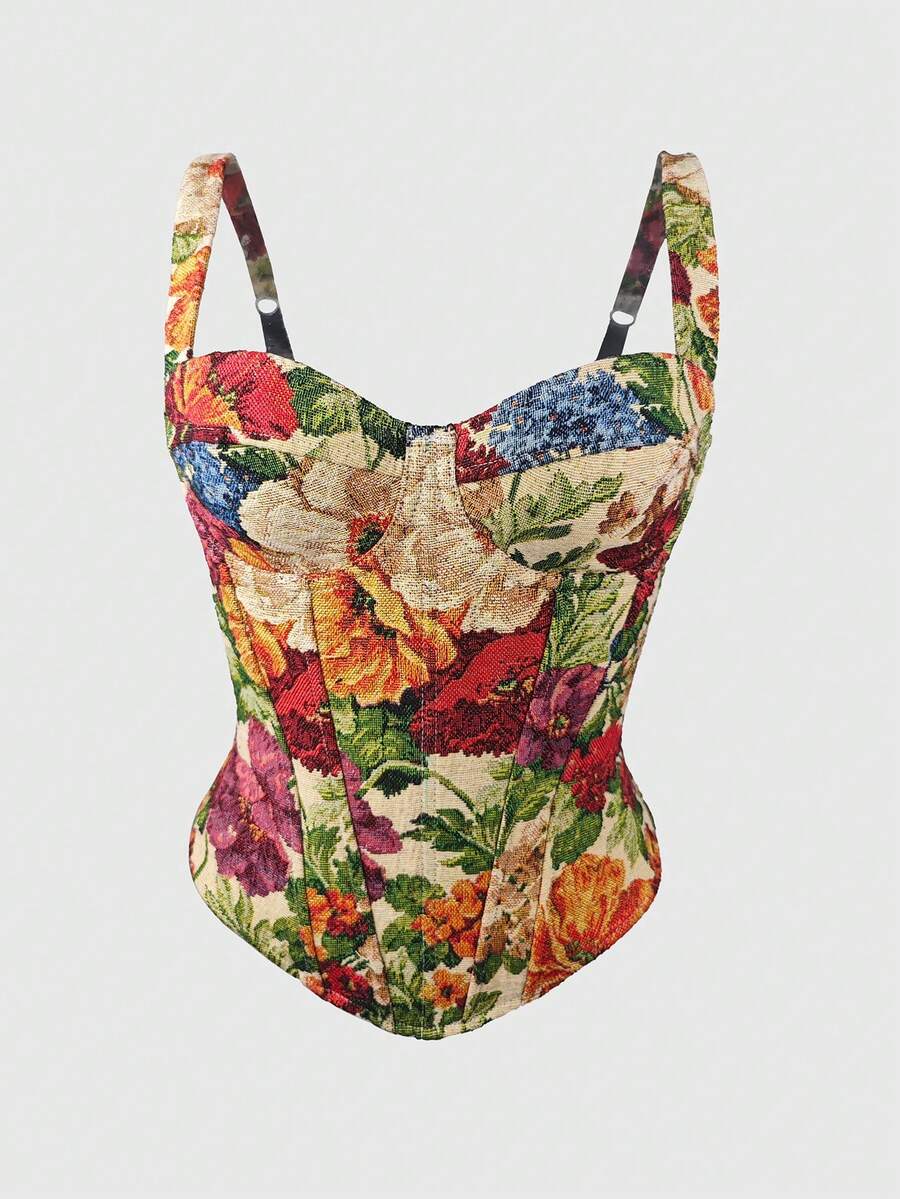 Vintage Floral Print Tapestry Style Corset Top, Romantic Date Night Casual Vacation Essential - Multicolor - View 1