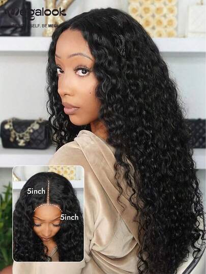 MEGALOOK Peluca de Encaje Sin Pegamento 5x5 Onda Profunda 100% Cabello Humano Pelucas de Encaje Transparente con Gorra Transpirable Pre Depilada Onda Profunda Color Negro Natural Cabello Humano Amigable para Principiantes
