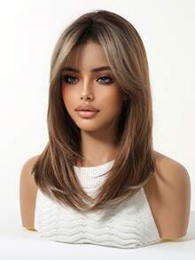 Topshe Ava WIGS 18英吋黑棕色長層次假髮附瀏海，柔軟易造型合成纖維髮，適合女性日常配戴、上班、度假，亦適合作為萬聖節、聖誕節女性禮物 - 摩卡棕 - 查看 4
