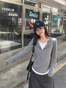 Women's 2 In 1 Striped Zipper Long Sleeve T-Shirt, Slim Fit Inner Layer Top, Autumn - Grey - View 3