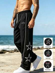 Men's Side Star & White Stripe Straight Leg Sports Pants - Black - View 2