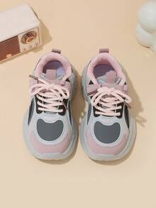 Girls' Light Gray, Pink & Brown Colorblock Magic Tape Lace-Up Chunky Sneakers, Simple Patchwork Kids' Shoes, Suitable For All-Season Outings And Daily Wear - Pink - View 4