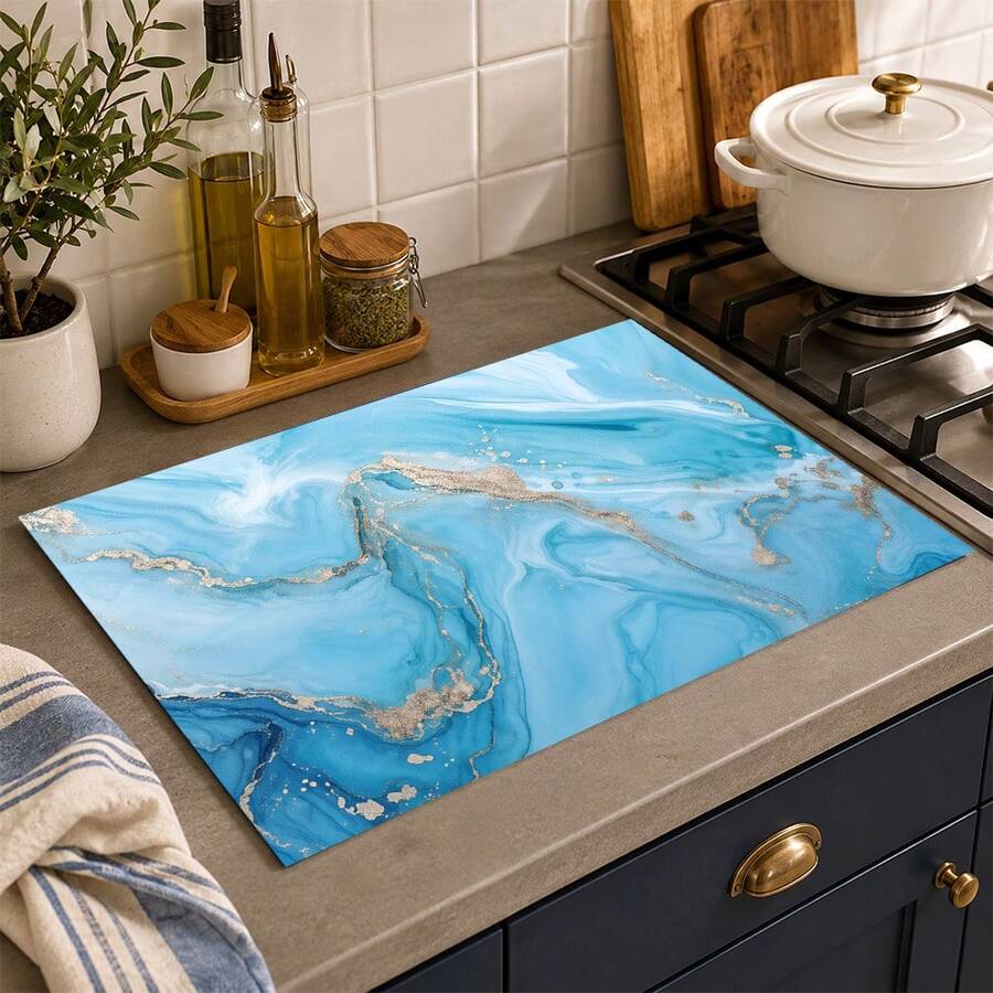 1 pieza Alfombrilla de drenaje de cocina de tierra de diatomeas con patrón de mármol azul & blanco y dorado, alfombrilla absorbente de secado rápido y antideslizante para cafetera y alfombrilla de secado de platos, adecuada para encimera de cocina y mesa de comedor - Multicolor - Ver 1
