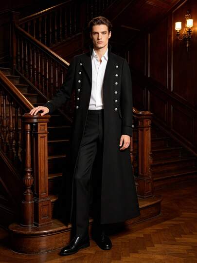 Vintage European Style Long Double-Breasted Dress Coat, Crisp Draping Fabric, Stand Collar Silver Button Waist-Cinching Flared Trench Coat, Gothic Performance Jacket, Medieval Noble Cosplay Long Coat, Castle Evening Party Slimming Long Outerwear, Versatile Retro Atmosphere Long Dress Coat, Halloween Christmas Fashion Item