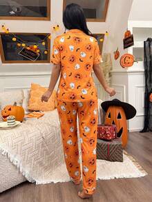 2PCS Halloween Cartoon Pumpkin And Ghost Print Short Sleeve Top And Long Pants Pajama Set, Comfortable And Cute Halloween Party Home Wear Set For Autumn/Winter - Orange - View 5