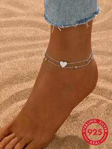 1pc S925 Sterling Silver Romantic Double-Layer Heart Anklet, Fashionable Minimalist Sweet Elegant Ins Style, Suitable For Daily, Casual, Party, Vacation, Subtle Matching, Valentine's Day Gift - Love - View 1