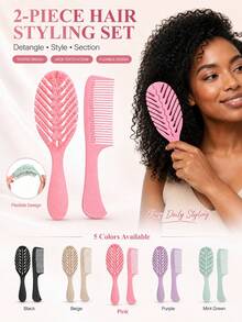 Detangling Comb Set, Wide-Tooth Comb Set, Pink Green Black Beige Purple Plastic Wet/Dry Styling Tools, Hollow Back Brush With Flexible Round-Tip Bristles, Smooth Teeth, Suitable For Curly Wavy Thick Hair, Post-Wash Hair Care, For Women Home And Travel Use - Multicolor - View 1