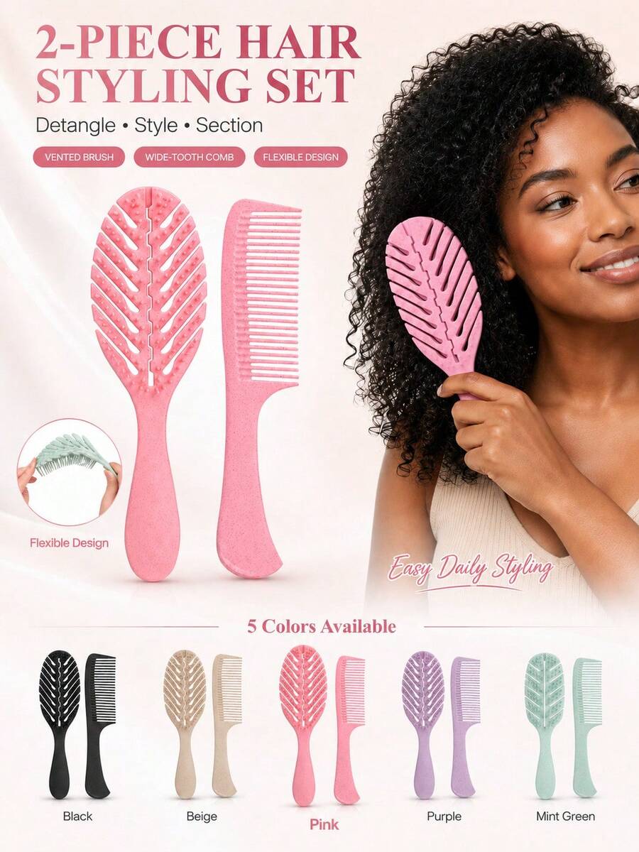 Detangling Comb Set, Wide-Tooth Comb Set, Pink Green Black Beige Purple Plastic Wet/Dry Styling Tools, Hollow Back Brush With Flexible Round-Tip Bristles, Smooth Teeth, Suitable For Curly Wavy Thick Hair, Post-Wash Hair Care, For Women Home And Travel Use - Multicolor - View 1