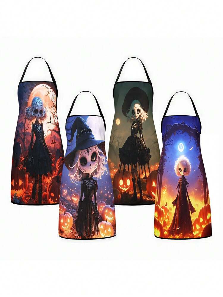 4Pcs/2pcsDay Of The Dead Print Apron, Sugar Skull Skeleton Pattern Kitchen Apron For Cooking Baking Halloween PartySkeleton Apron For Halloween, White Human Skeleton Bones Print Black Kitchen Apron - Multicolor - View 15