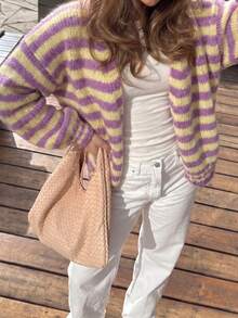 Women's Cute Commute V-Neck Long Sleeve Knit Cardigan, Soft Ribbed Knit Striped Cardigan, Autumn Daily Comfortable Minimalist Loose Top - Purple - View 6