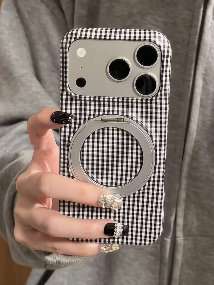 Ins Korean Style Fashion Classic Black & White Plaid Rotating Stand Phone Case For IPhone 17, 17 Pro, 17 Pro Max, 16, 16 Pro Max, 14, 18, 18 Pro Max, Half-Cover Protective Shell - Multicolor - View 1