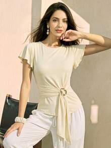 Cream Ruffle Cap Sleeve Wrap Waist Tie Top, Women Elegant Summer Round Neck Metal Buckle Self Sash Slim Fit Casual Blouse - Light Yellow - View 8