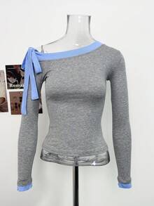 Autumn New Vintage Bow Tie Contrast Color Off-Shoulder Long Sleeve T-Shirt Minimalist Sexy Unique Base Layer Top - Grey - View 7