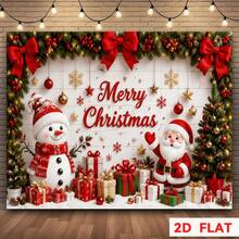 1pc Christmas Themed Banner Backdrop With Snowman And Santa Claus Pattern, Decorated With Christmas Tree, Gift Box, Red Bow And Snowflake, Suitable For Christmas Party Decoration, Party Decoration, Holiday Party Decoration - A - View 4