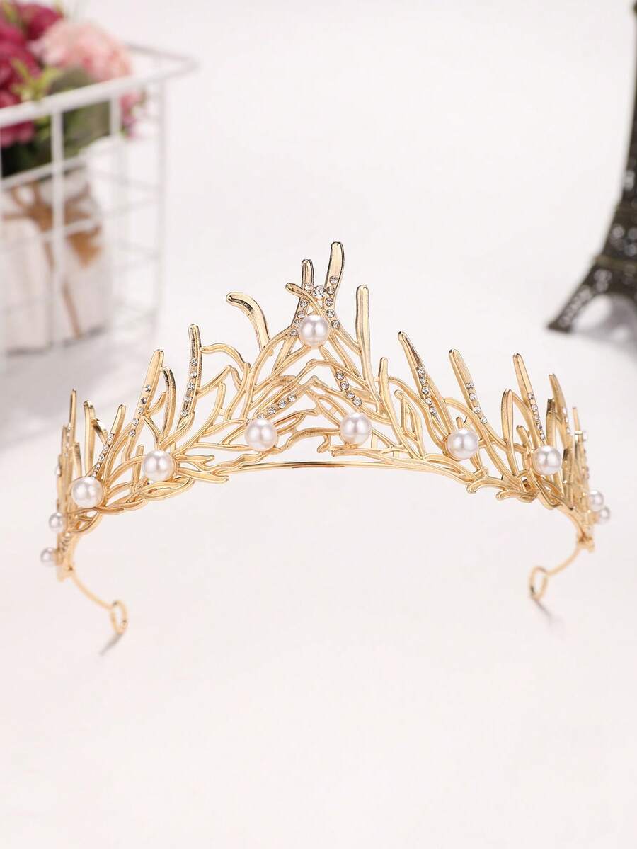 1件時尚精緻手工珍珠裝飾皇冠，適合女性婚禮派對髮飾 - 金色 - 查看 1