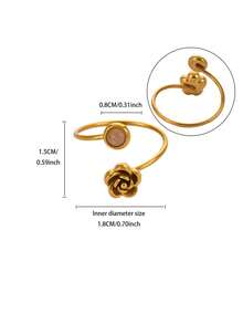 1Pc 3D Rose Inlaid Stone Rings, 18K Gold Plated Stainless Steel Adjustable Open Ring, Vintage Flower For Women Jewelry Daily Dating Gift - Yellow Gold - View 9
