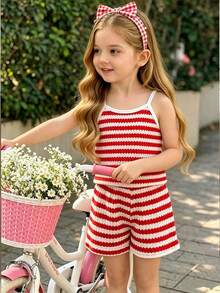 Girls' 2 Pieces Summer Outfit: Red And White Striped Waffle Knit Top With Elastic Waist Shorts, Young Girl' Casual Beach And Everyday Sports Set - Red - View 1