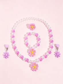 5pcs/Set Floral Faux Pearl Jewelry Necklace Bracelet Ring Clip-On Earrings For Girls Princess Party Dress-Up Gift - one-size - View 12