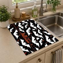 1pc Black & White Bat Pattern Diatom Mud Kitchen Drain Mat, Quick-Drying Absorbent Non-Slip Coffee Machine Pad & Dish Drying Mat, Suitable For Kitchen Countertop And Halloween Home Decor - Multicolor - View 3