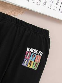 Tween Girl Cartoon Print Crew Neck Sweatshirt And Leggings Casual Set - Black - View 6