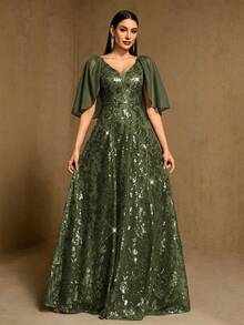 XUCTHHC Elegant Party High-Quality Sequin V-Neck Ruffle Sleeve A-Line Formal Ball Gown, Evening Dress, Wedding Guest, Graduation, Holiday, Autumn/Winter - Olive Green - View 9