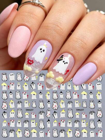 2 Sheets 3D Halloween Cute Ghost Nail Art Stickers, Cartoon Funny Nail Decals With Devil Horns, Witch Hats, Angel Halos, Red Hearts, Cat Ghosts, DIY Nail Supplies For Women And Girls