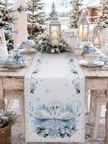 1pc Blue White Winter Swan Table Runner, Elegant Linen Rectangular Snowflake Holly Ribbon Lake Swan Printed Tablecloth Cover For Dining Table, Kitchen, Buffet, Christmas Dinner, Holiday Party And Winter Home Decor - Multicolor - View 7