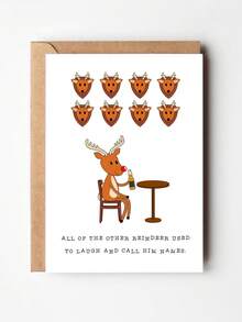 1pc Funny Reindeer Christmas Greeting Card, Humorous Rudolph Holiday Card, Novelty Merry Christmas Card For Friends & Coworkers - Multicolor - View 8