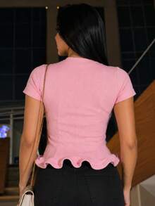 Cute Pink Short-Sleeve Women's Blouse With Round Neck, Flared Hem, And Ruffles. - Baby Pink - View 3