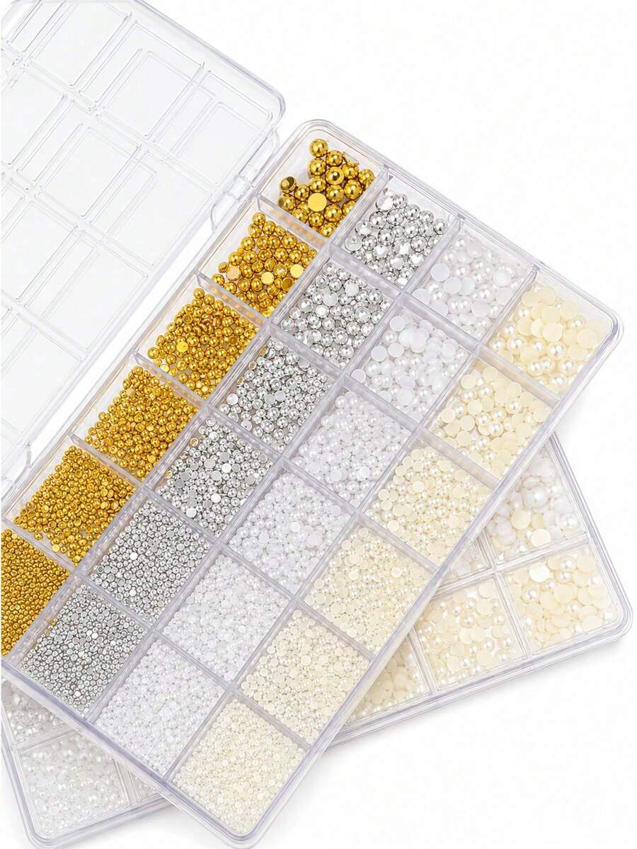 Nail Art Decoration Stickers, Black & White Polka Dot Pearl & Rhinestone Nail Decals, Boxed Accessories - Multicolor - View 1