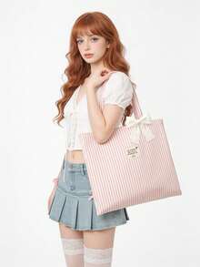 Vintage Striped Canvas Tote Bag, Large Capacity Versatile Striped Shoulder Bag, Suitable For Women's Daily Outings, Shopping And Beach Vacation - Multicolor - View 10