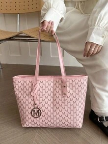 歐美跨境個性化大容量字母簡約印花托特包，女款新款菱格紋絎縫通勤單肩包 - 粉色 - 查看 1