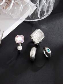 4件組復古龐克誇張時尚不對稱幾何水鑽腳趾環套組，女款日常與度假金屬腳趾環，開趾涼鞋配件 - 銀色 - 查看 5