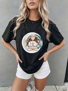 Unisex 100% High Quality Cotton Art Bohemian Lady Print Short Sleeve Tee Comfortable Light Summer Casual Basic T Shirt - Black - View 5