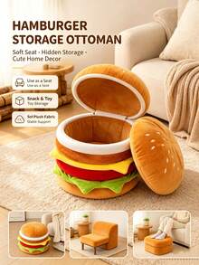 Cute Hamburger Shaped Plush Storage Ottoman Stool, Multifunctional Hidden Storage Foot Rest Seat, Cartoon Round Toy Snack Storage Bench For Bedroom Living Room Entryway Kids Room Playroom - Multicolor - View 6