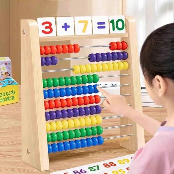 Natural Wood Unpainted Rainbow 10-Tier Abacus, Children's Educational Counting Bead Frame, Early Childhood Math Logic Thinking Training Teaching Tool