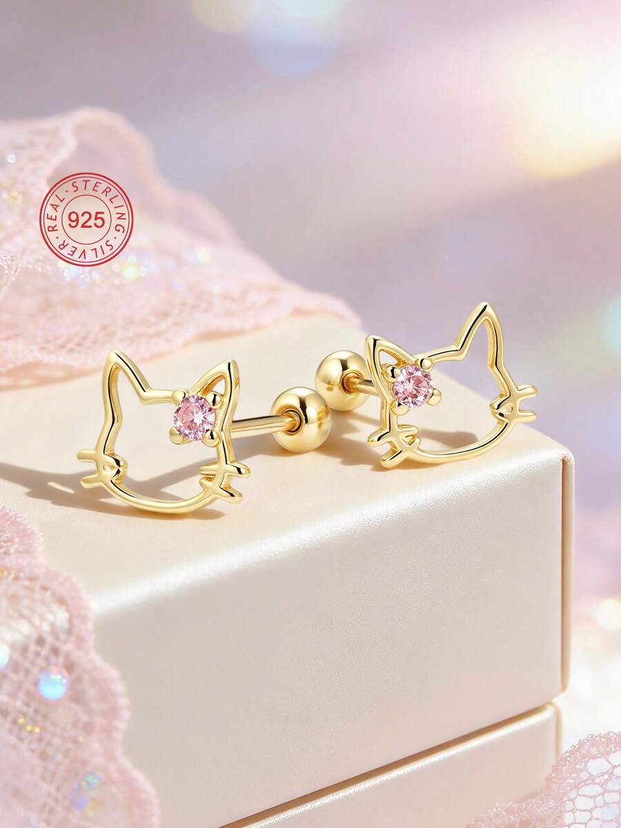 Artepollo 1pc 925 Sterling Silver Hypoallergenic Cat Ear Stud Earrings With Sparkling Cubic Zirconia, Dreamy Sweet Gift Box Packaging, Suitable For Daily Or Holiday Wear, Birthday Christmas New Year Gift For Girls And Friends - one-size - View 1