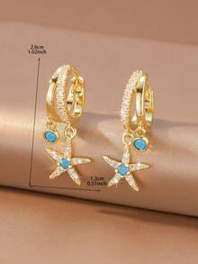 1 Pair Fresh Blue Turquoise Full Rhinestone Starfish Double Pendant Thin Hoop Earrings Suitable For Women Beach Vacation Wear - Starfish - View 9