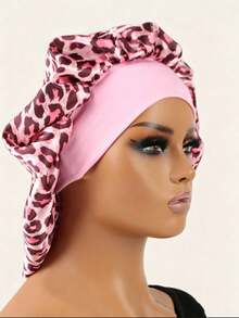7cm Wide Elastic Fabric Sleep Cap/Wig Cap/Satin Cap, Butterfly Leopard Print Satin Round Cap, Back To School Essential, Unisex - Pink - View 3